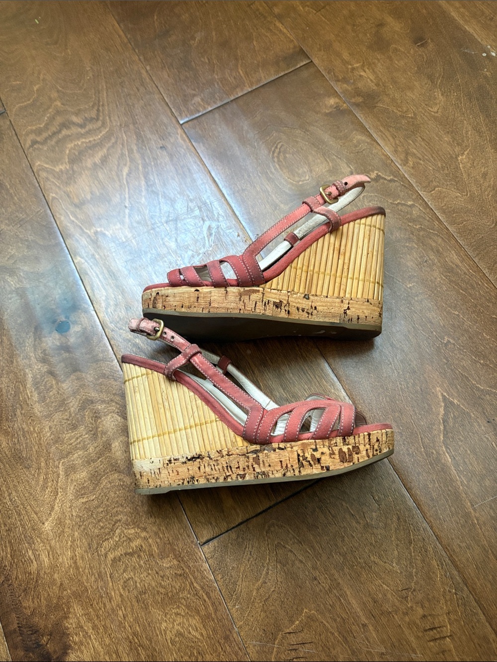 Prada Coral-Peach Leather Slingback Wedge Sandals - Picture 2 of 16